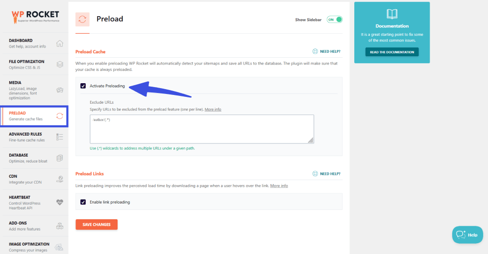 Screen shows how to add active preloading of page options in wprocket cache plugin