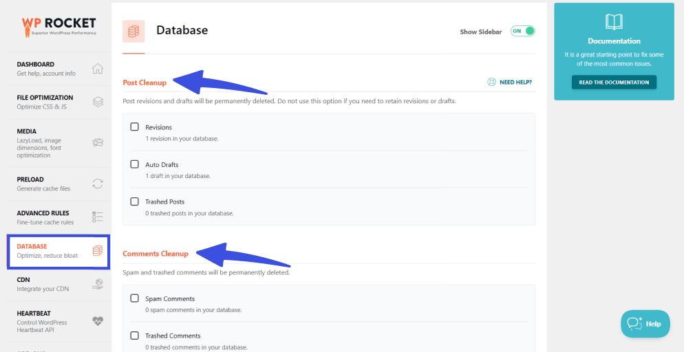 Screen shows database post and comments cleanup option in wprocket