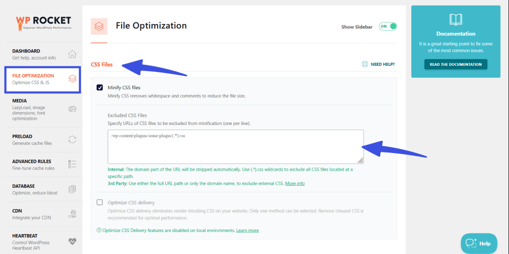 Screen shows options to minify css and js files on your wordpress site using wprocket