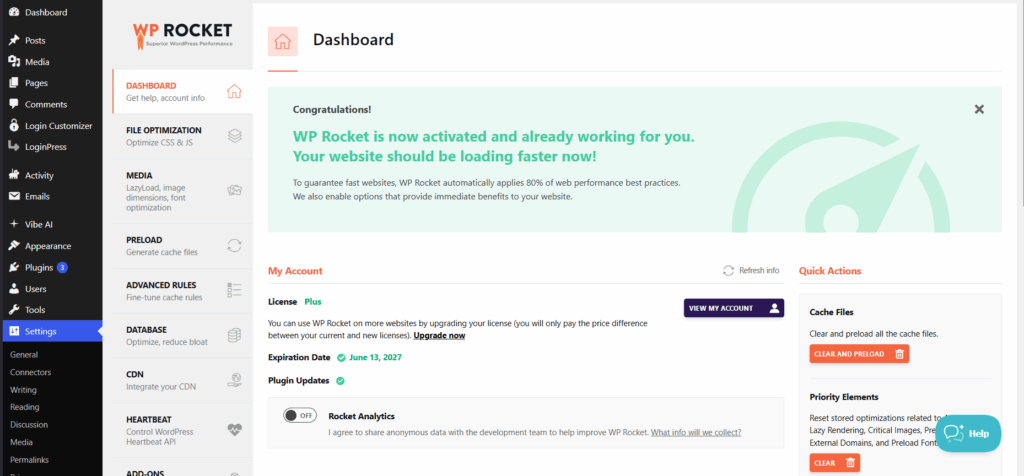 Scree shows wprocket cache plugin main dashboard