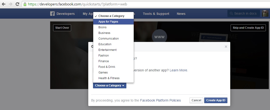 Integrate Facebook login to WordPress - Select type of App
