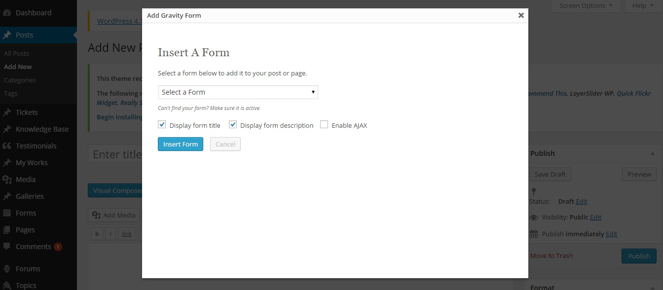 Select a gravity form, gravity forms plugin