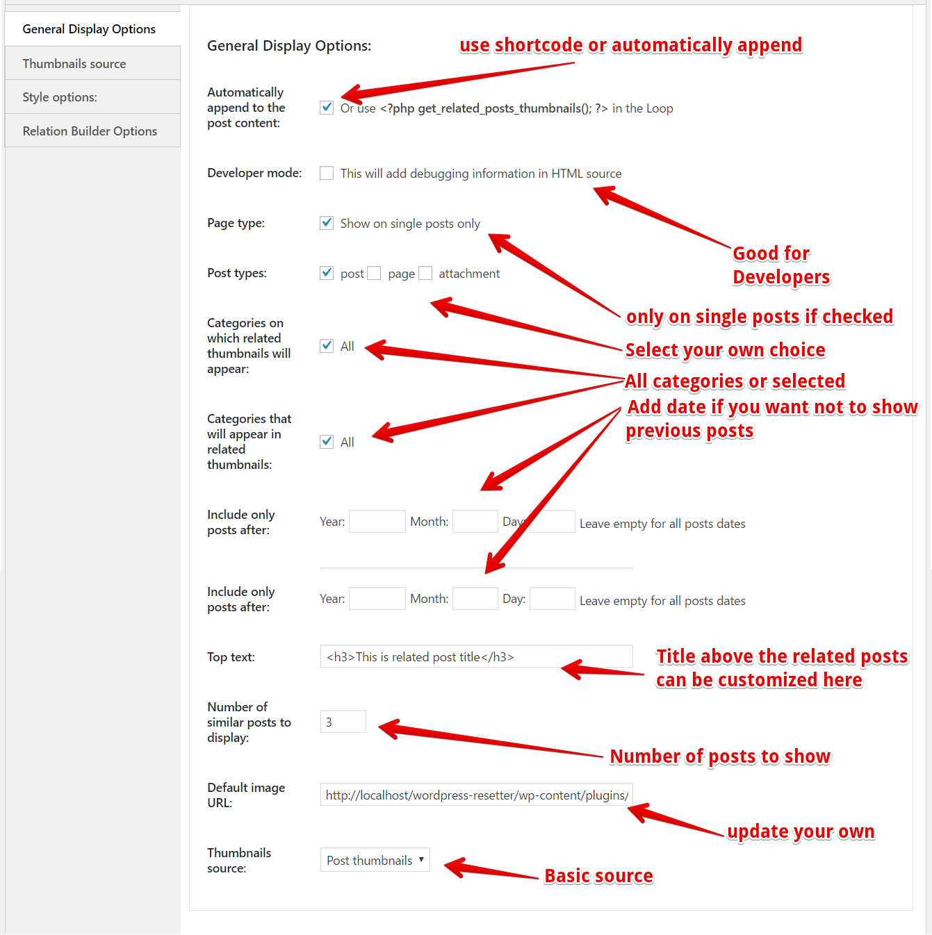 related posts thumbnails plugin settings, WordPress related posts plugin