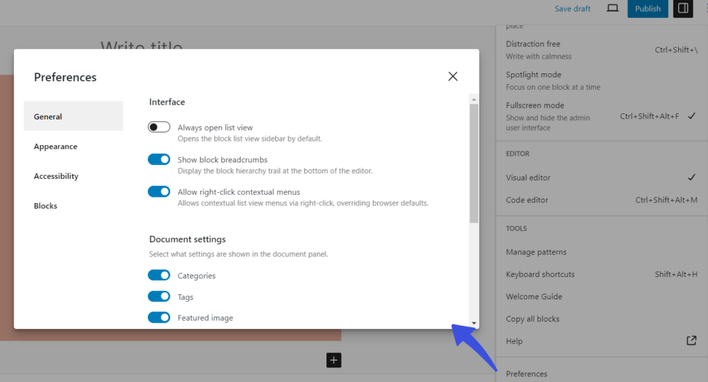 Updated Preferences Panel in WordPress 6.5