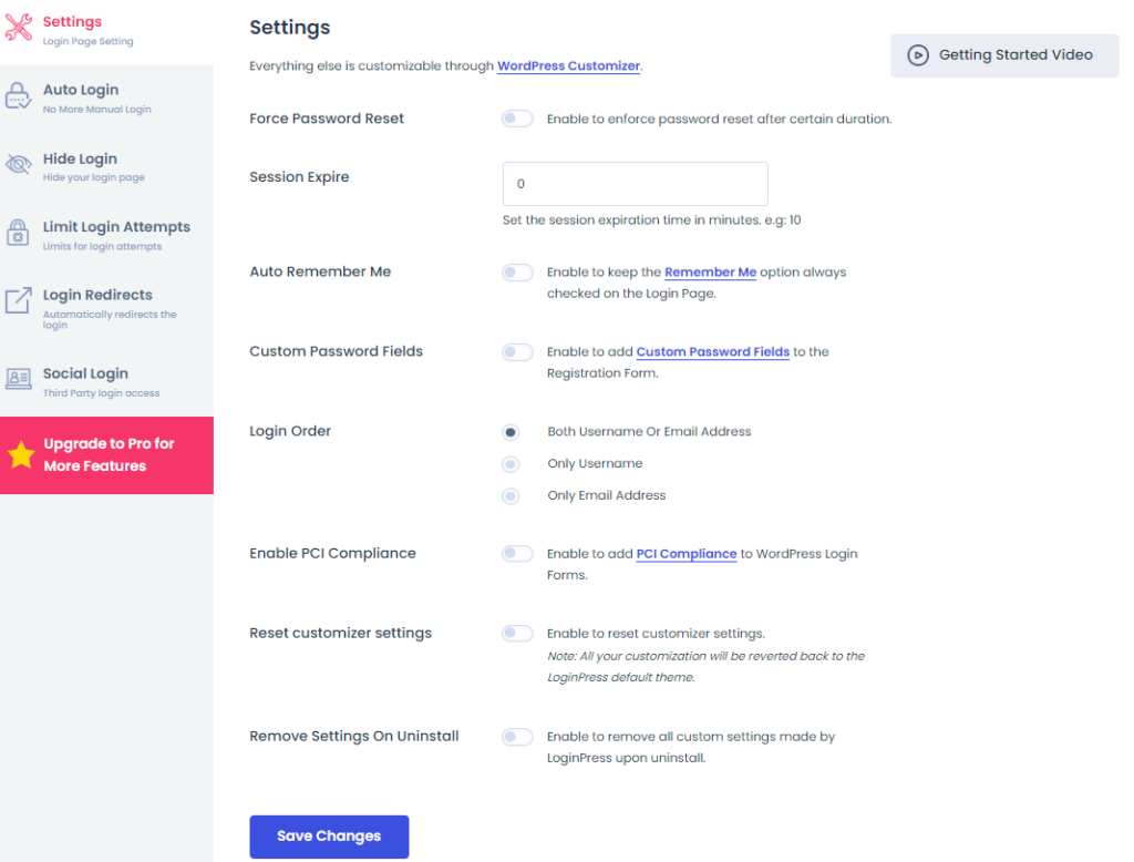 loginpress settings screen