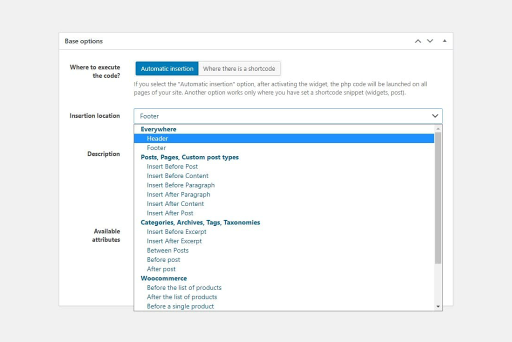 Dropdown list for code snippet insertion location