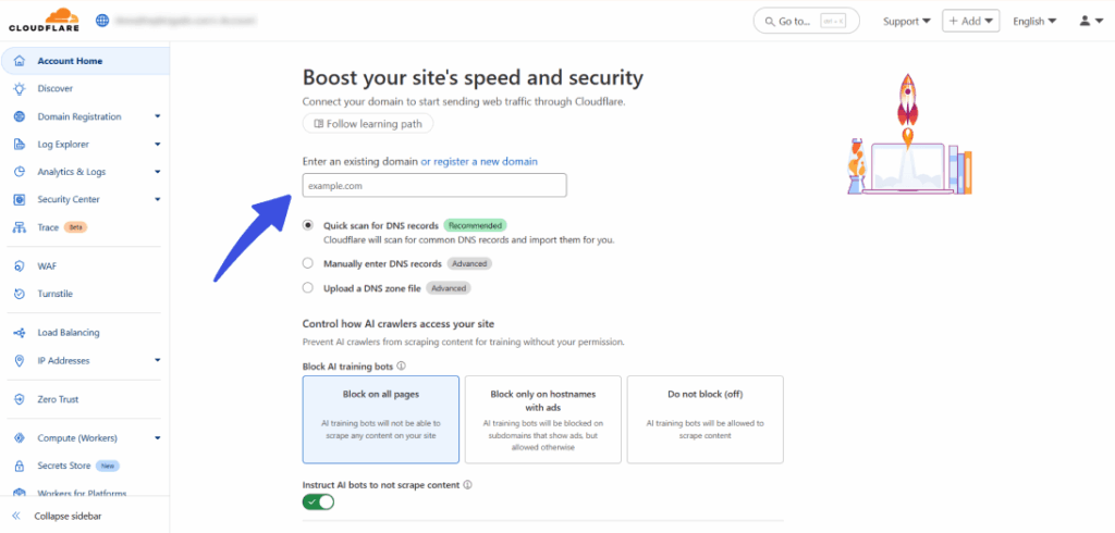 Cloudfare hosting dashboard