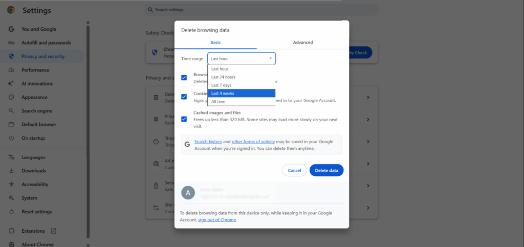 Delete browsing data to clear up space in browser