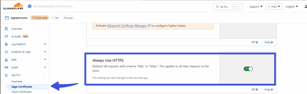 Always use https option on cloudfare edge certificates option