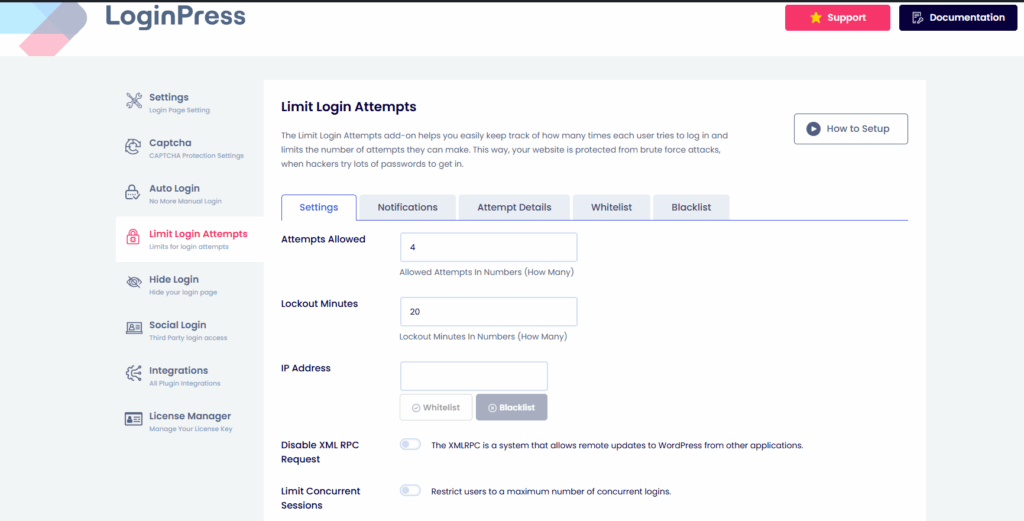 Limit login attempts feature in loginpress
