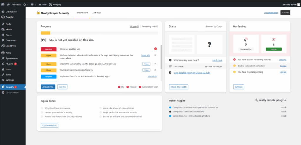 Really simple SSL plugin dashboard for checking status of ssl certificate