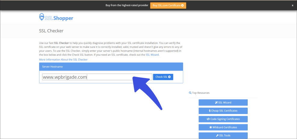 Add your site domain to check and verify status of wordpress ssl certificate