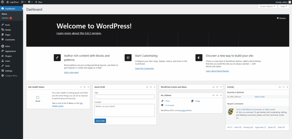 Wordpress dashboard general settings