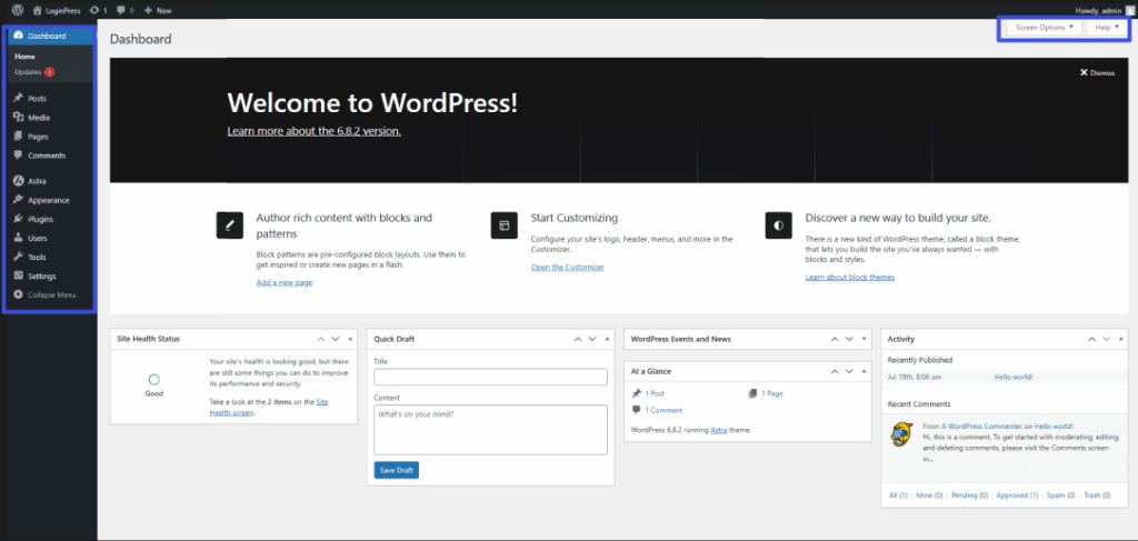 WordPress admin dashboard menu to learn how long it takes to learn wordpress