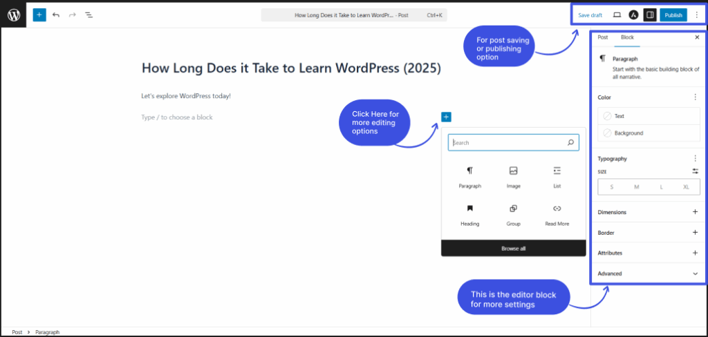 WordPress editor dashboard settings