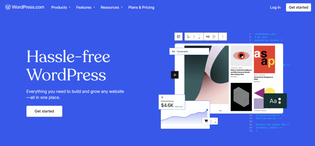 Wordpress.com website landing page for wordpress.com vs wordpress.org
