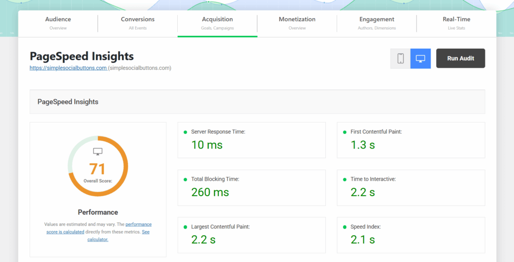 Pagespeed insights in analytify for high performance wordpress site