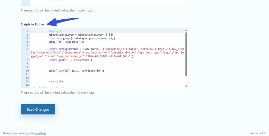 Add scripts in footer using wp headers and footers plugin