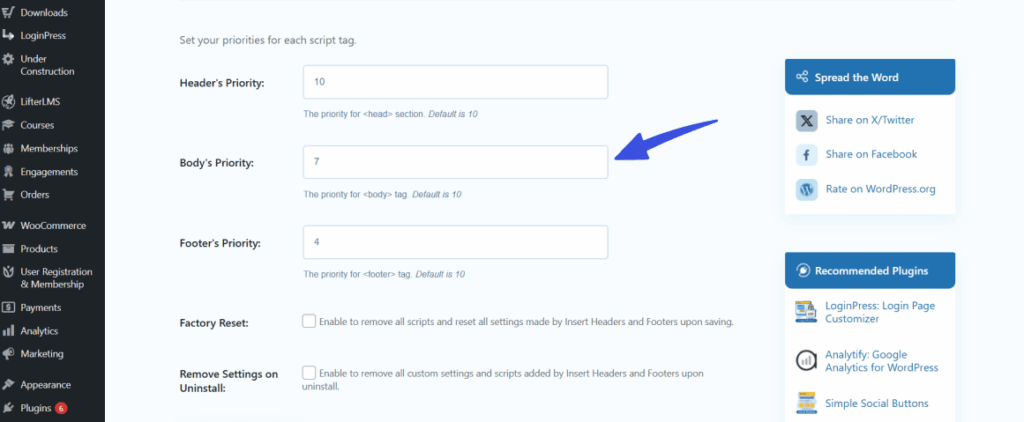 Body priority settings in set script pirority in wp headers and footers