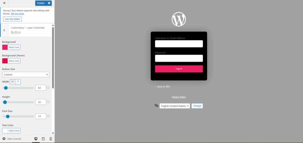 Button customization in wordpress login customizer plugin
