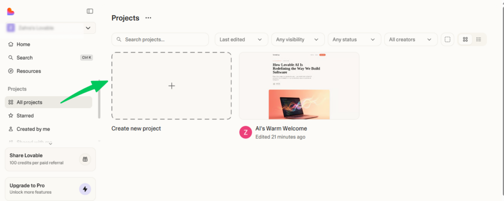 Create new Lovable Project