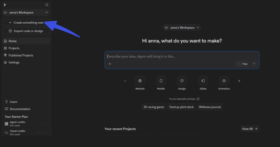 Click on create something new to create a project from scratch