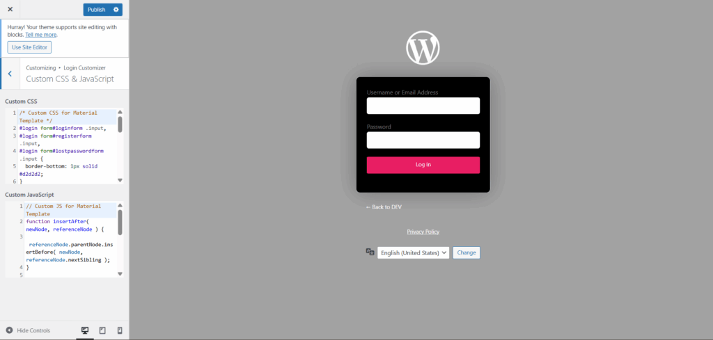 Custom css and javascript option in wordpress login customizer