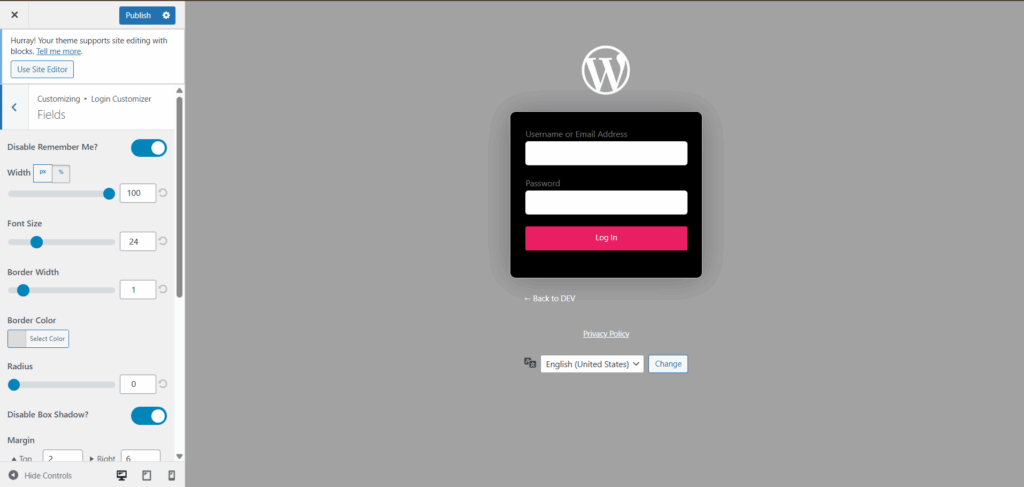 Custom fields options in wordpress login customizer plugin