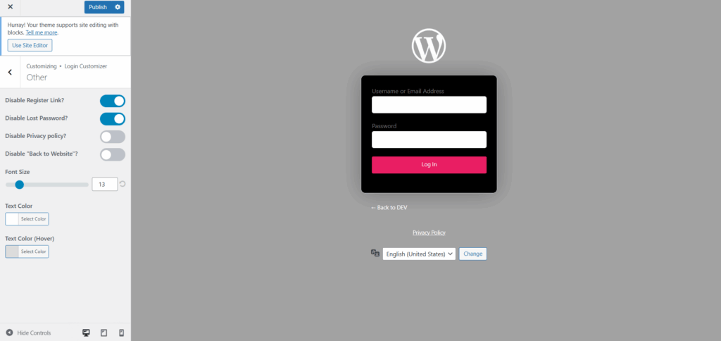 Custom links and footers in login customizer