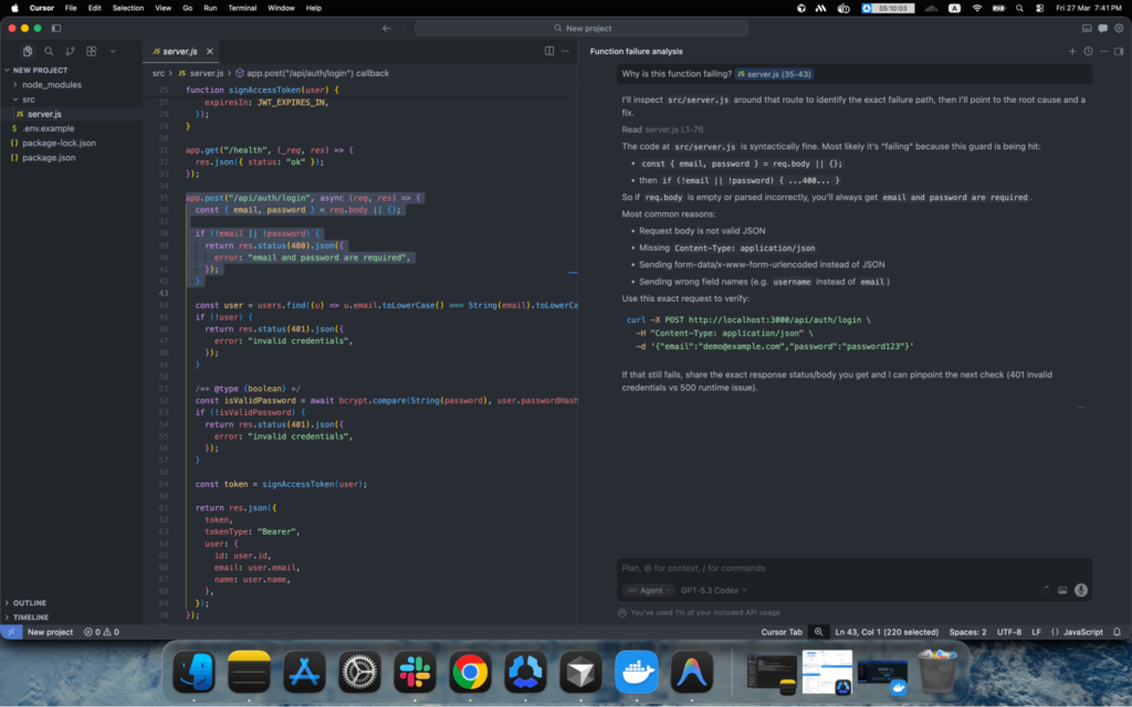 Debug code for failures using cursor ai