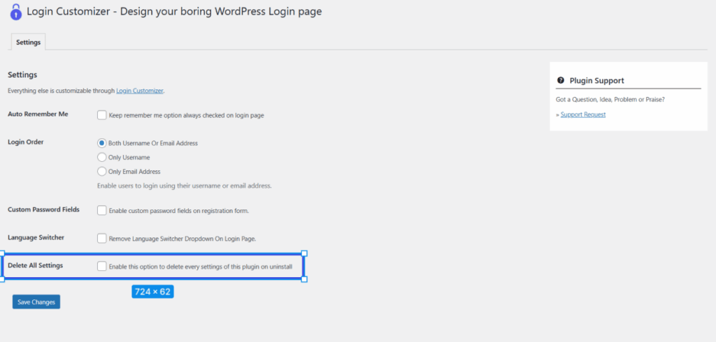 Delete all settings on uninstall option in login customizer settings