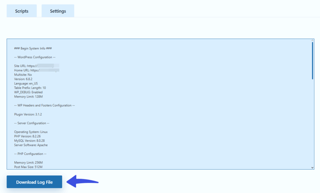 Download diagnostic log in wp headers and footers
