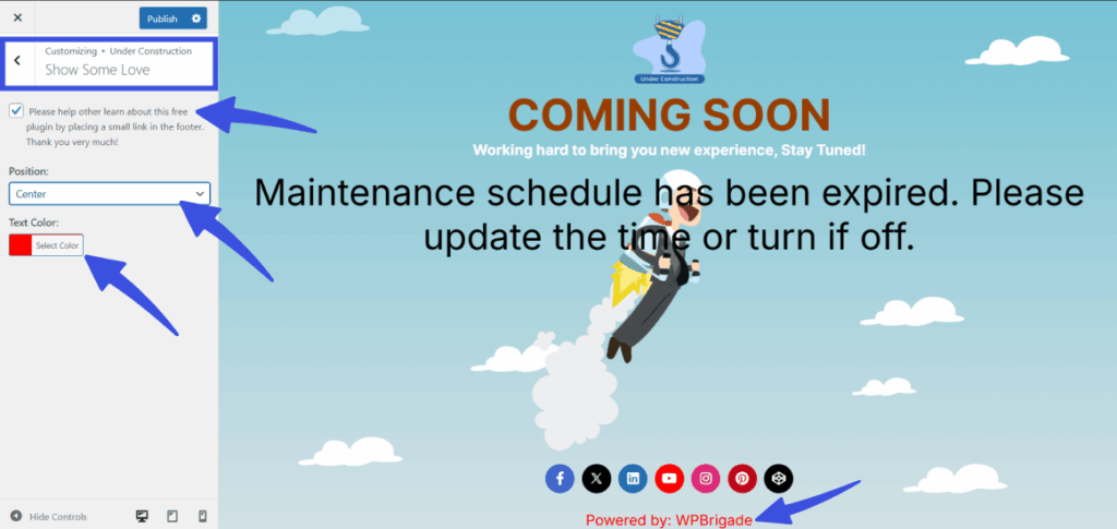 Edit and positon the show some love text in customizer