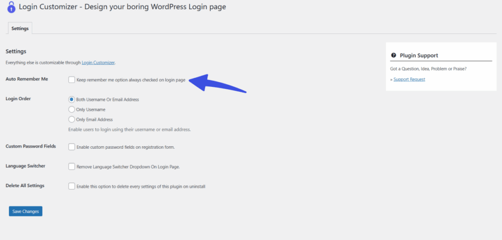 Enable auto remember me option in login page customizer settings
