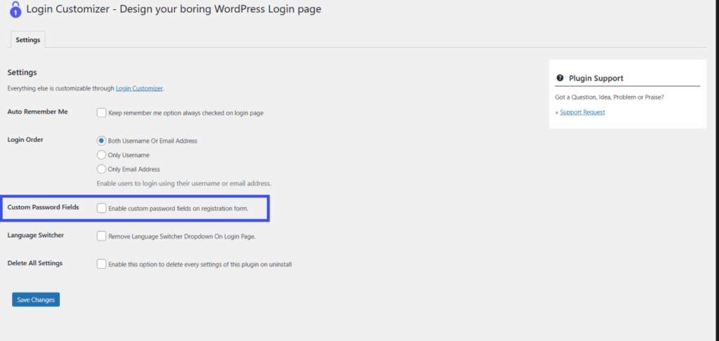 Enable custom password fields in login page customizer