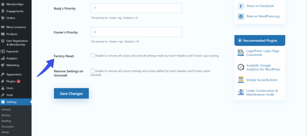 Factory reset and uninstall options in wp headers and footers