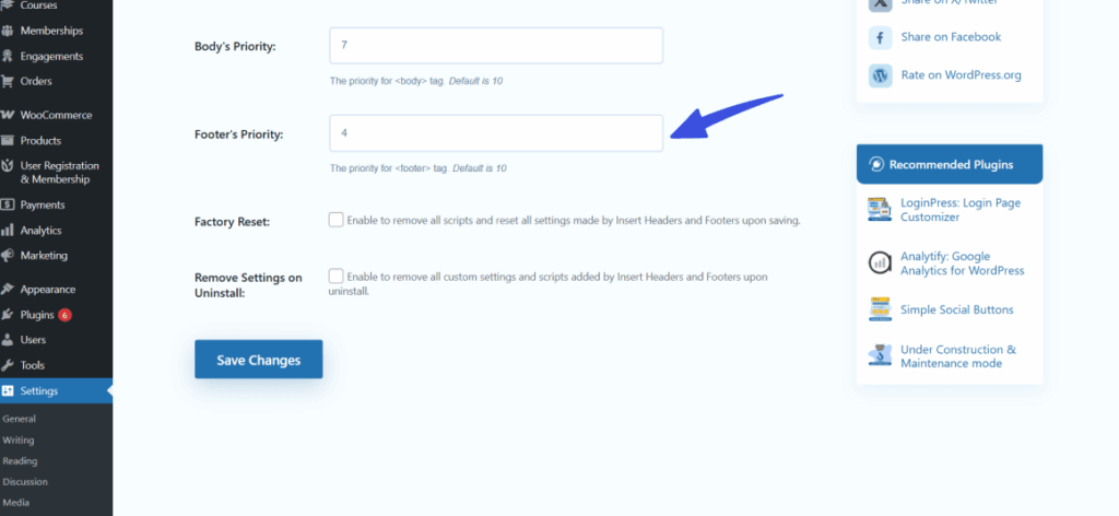 Footer priority settings in wp headers and footers