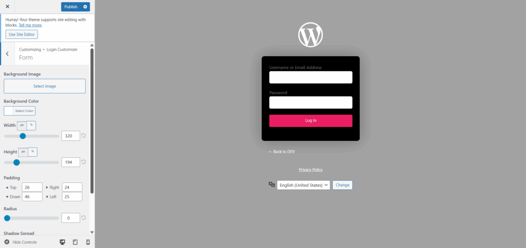 Form customization options in login customizer