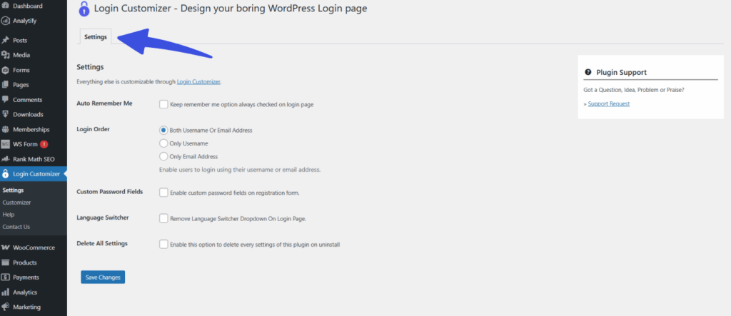 Go to custom login page customizer settings