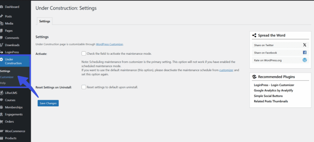 Select option under construction for customizer