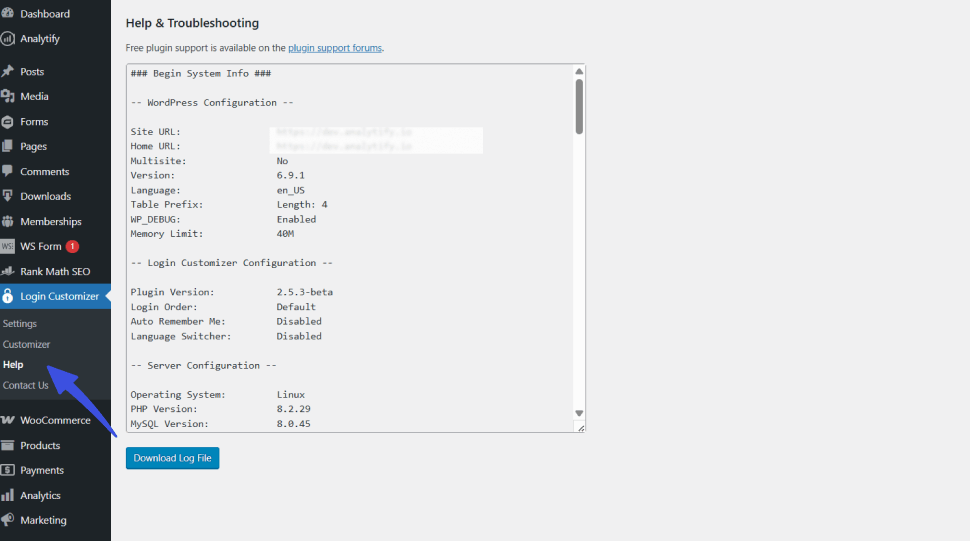 Go to help tab in login customizer plugn
