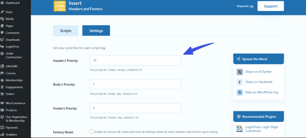Header priority settings in wp headers and footers