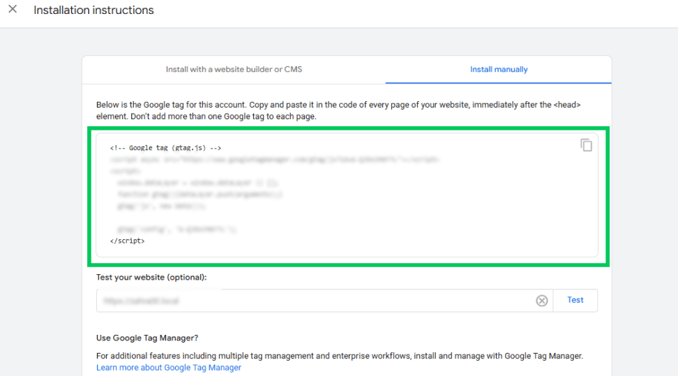 Install file manually to check global site tag in ga4