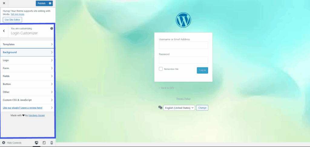 Login customizer interface