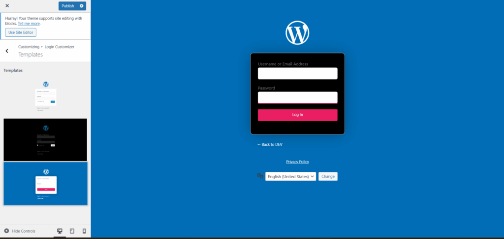 Login page templates for customizer