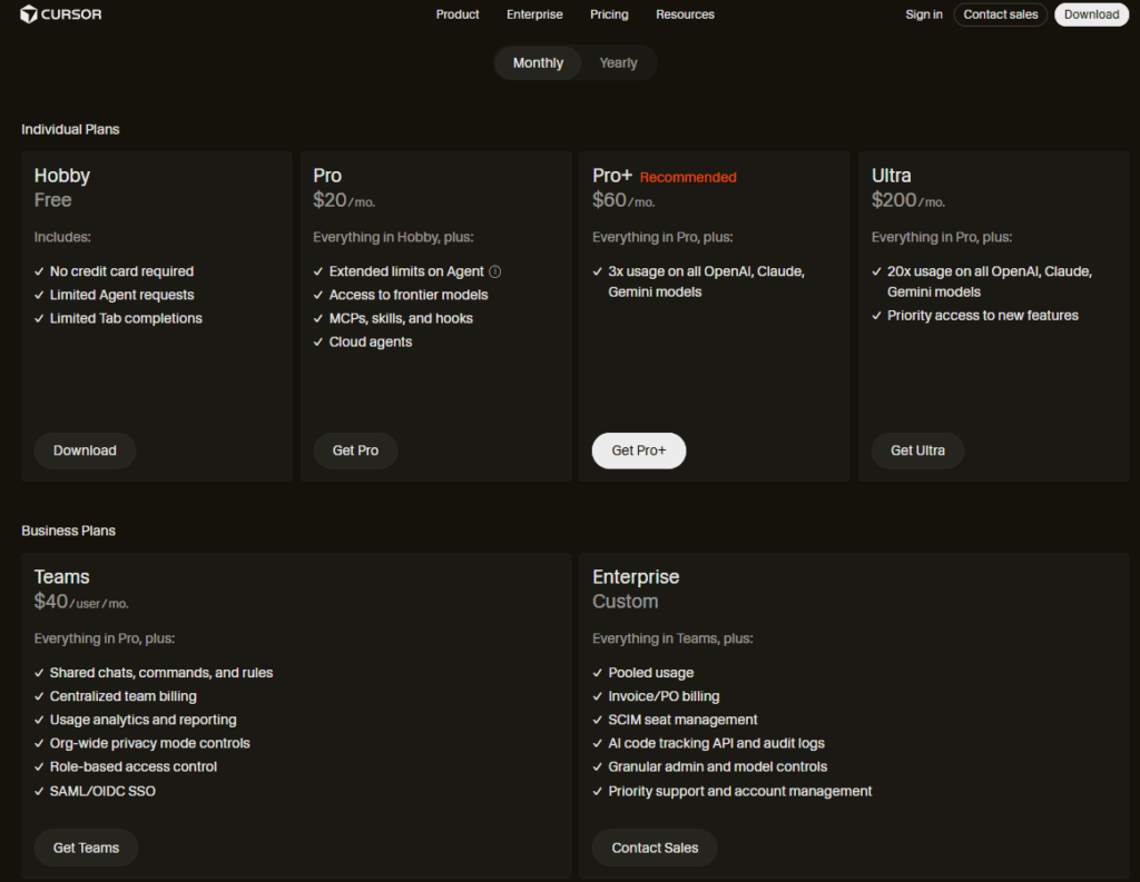 Pricing plans for cursor ai