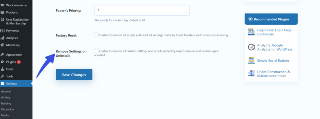 Reset settings on uninstall settings in wp headers and footers
