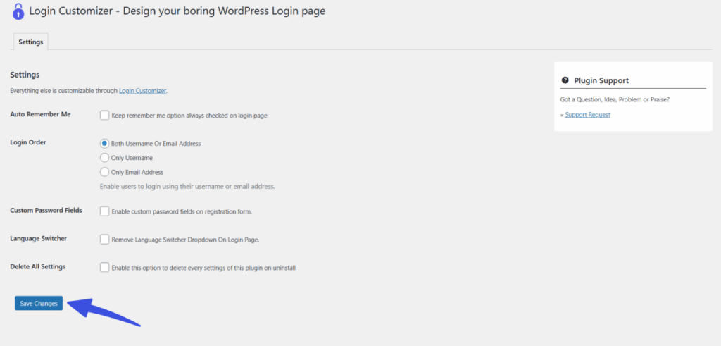 Saved changes button on login customizer settings