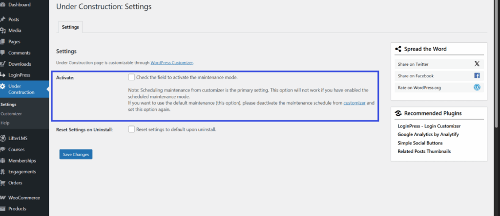 Click Under Construction, then select Settings.