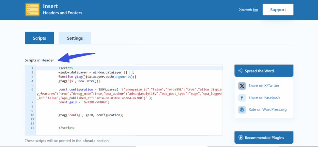Scripts in header section in wp header and footer